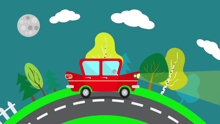 Cartoon Car Driving On A Suburban Road At Night. Red Car Rides In The