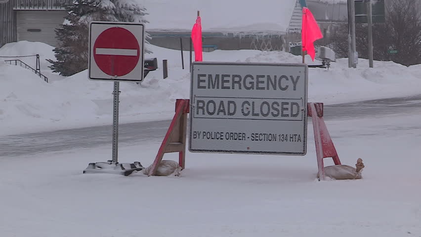 Ontario Canada December 2013 Road Closed Sign Due To Snow Storm And