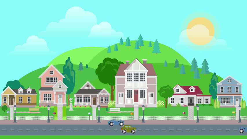 Flat Cartoon City Town Suburb Day With Mountains On Background Looped 