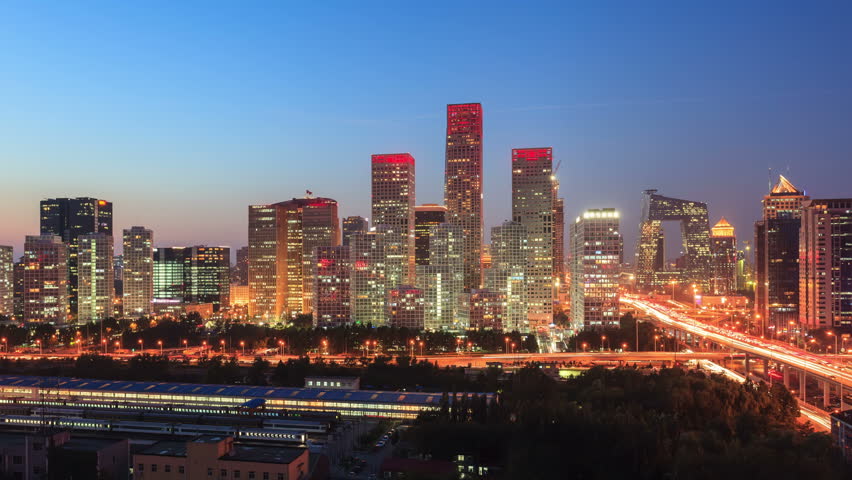 Beijing Central Business District Skyline Sunset Time Lapse Stock 