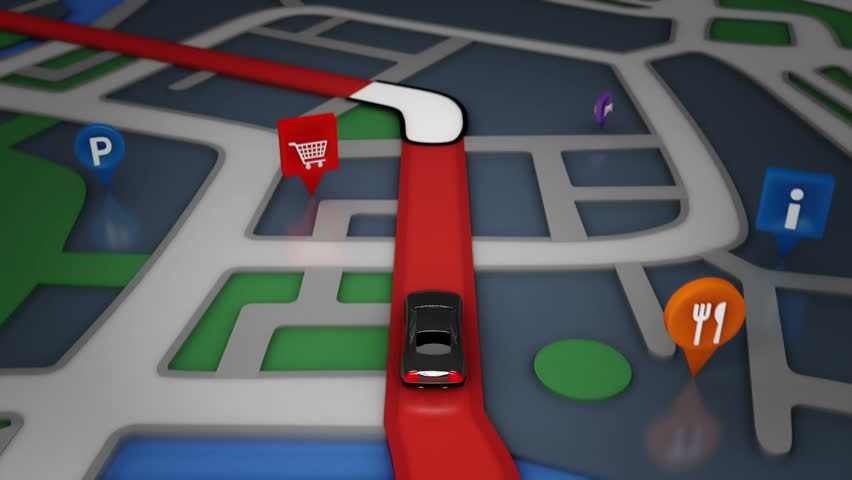 GPS Road Map Animation Loop. Following A Vehicle Along A Route Marked