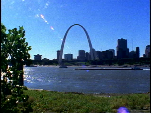 St. Louis Arch, With Skyline, Mississippi River, Barges Moving, Wide Shot, Shot On Eastman Kodak ...