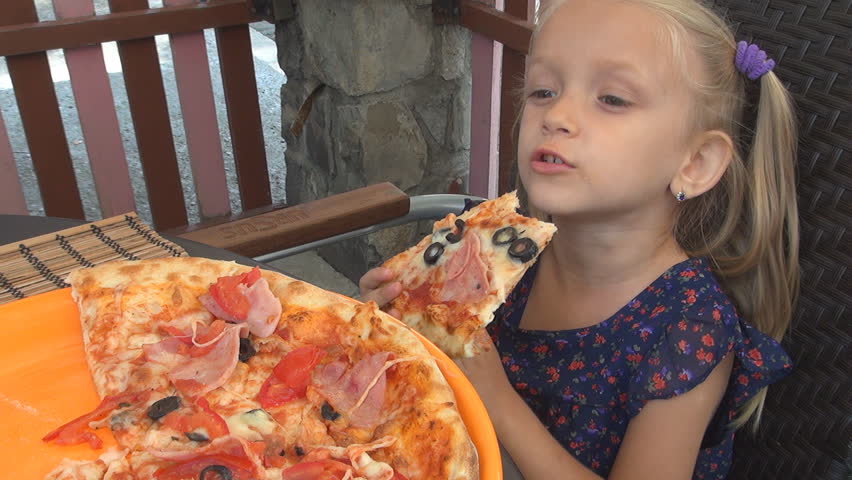 Child Eating Pizza Hungry Little Girl At Restaurant Fast Food As