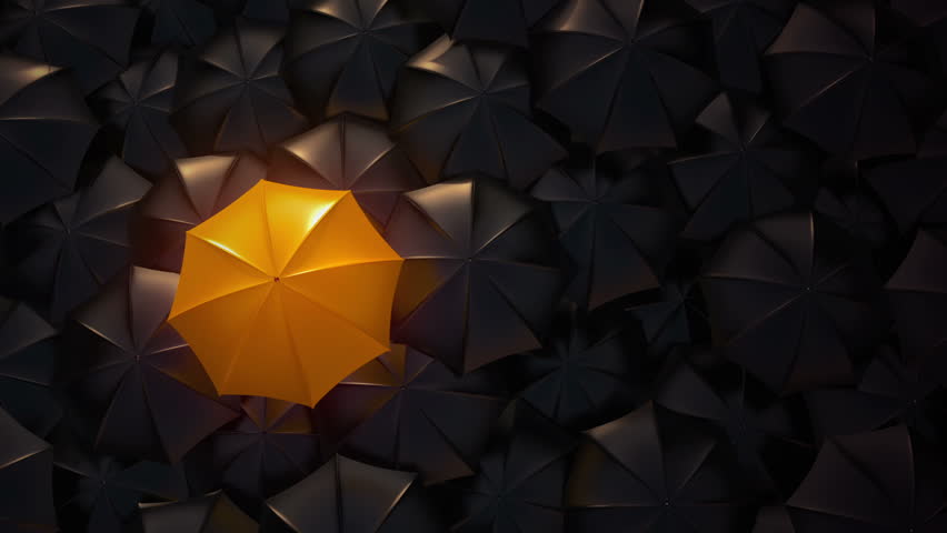 Orange Umbrella Open And Standing Out From Crowd Mass Black Umbrellas