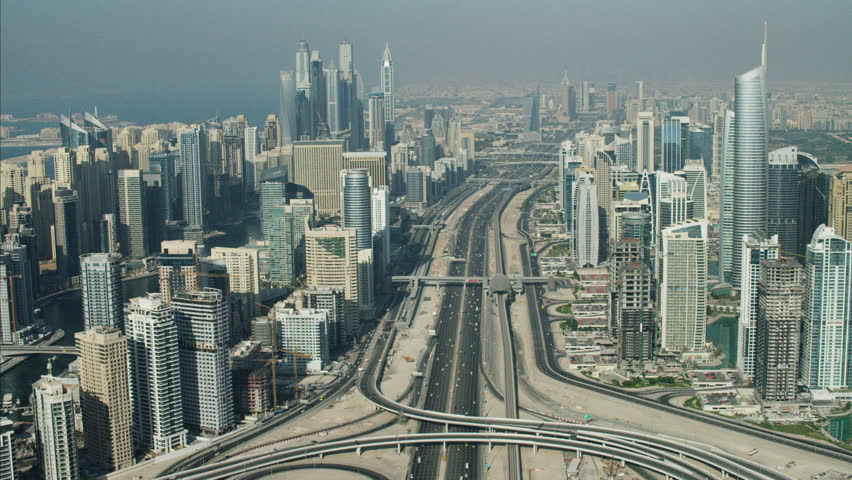 Aerial Dubai Skyscrapers Sheikh Zayed Road Desert Dubai Metro UAE Stock ...