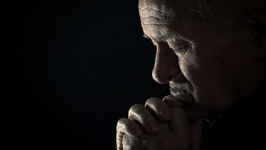 Elderly Man Praying In The Darkness: Old Sad Man Searching For God ...