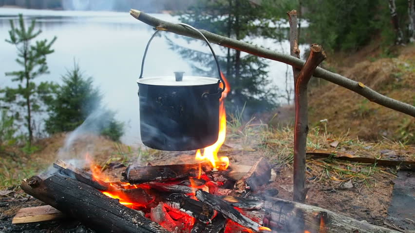 Kettle With Cooking Meat Over Burning Campfire. Stock Footage Video ...