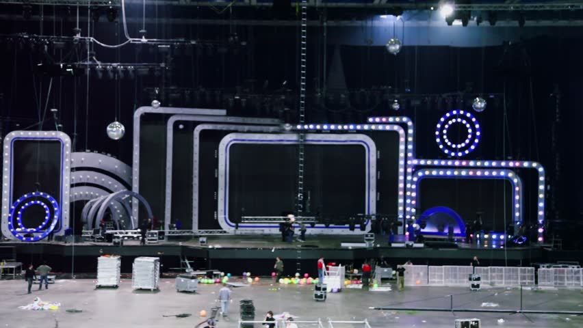 Empty Stage At Concert With White And Blue Spotlights Stock Footage ...