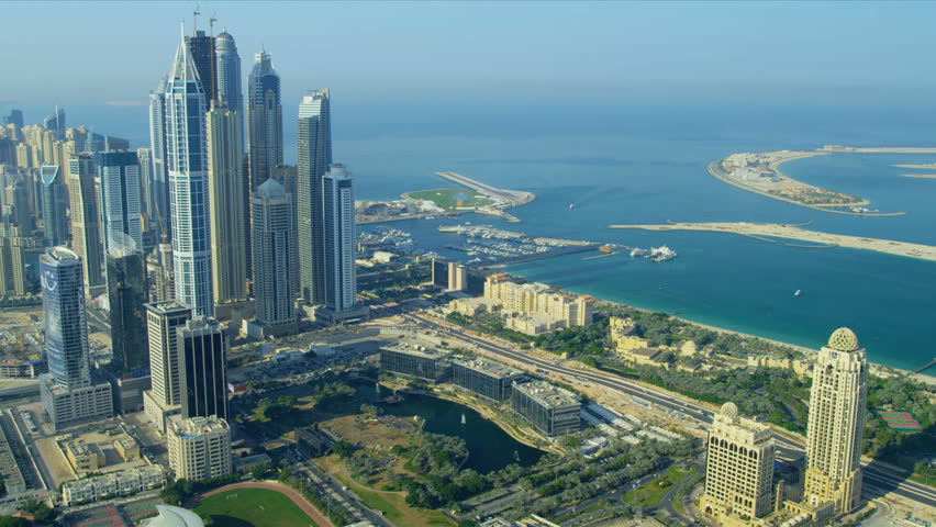 Aerial View Dubai City Coastline, Media City Skyscrapers, Dubai, UAE ...