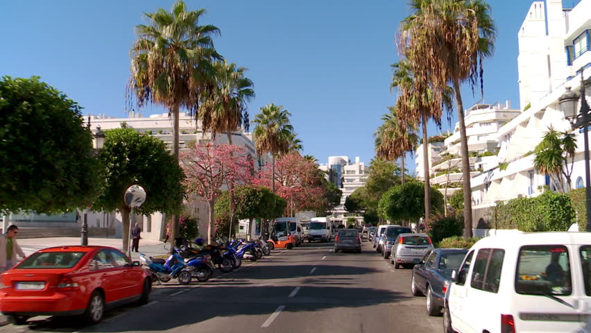 Car Tracking Shot Downtown Marbella, Spain, Residential Area Stock ...