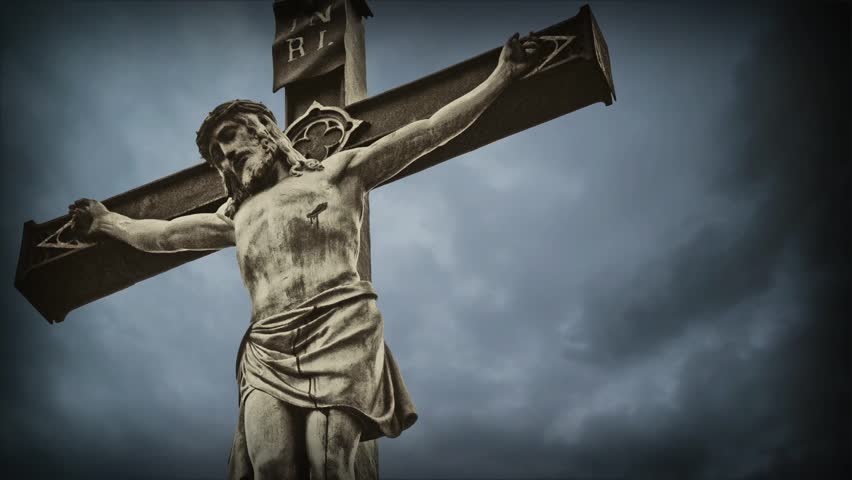 Crucifixion. Christian Cross With Jesus Christ Statue Over Stormy ...