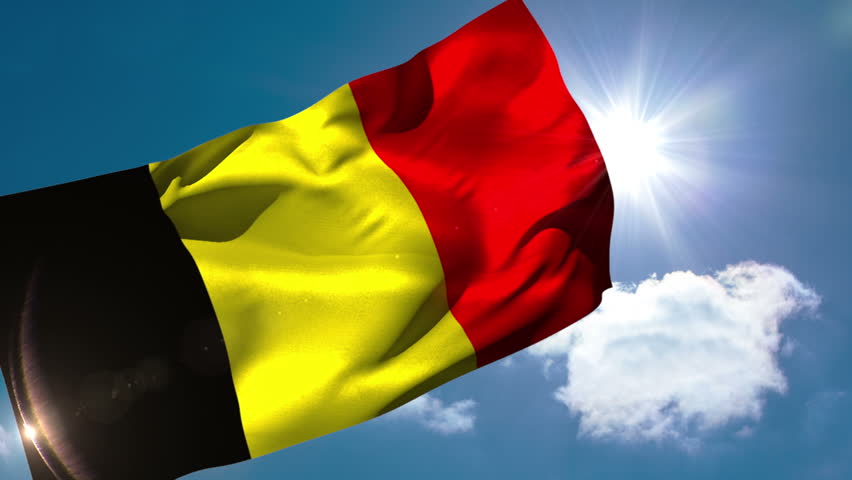 Belgium National Flag Waving On Blue Sky Background With Sun And Clouds ...