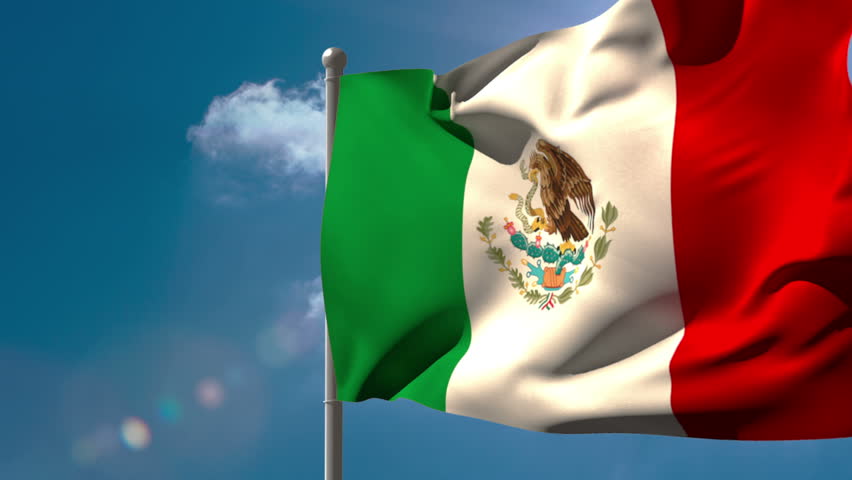 Mexico National Flag Waving On Flagpole On Blue Sky Background Stock ...