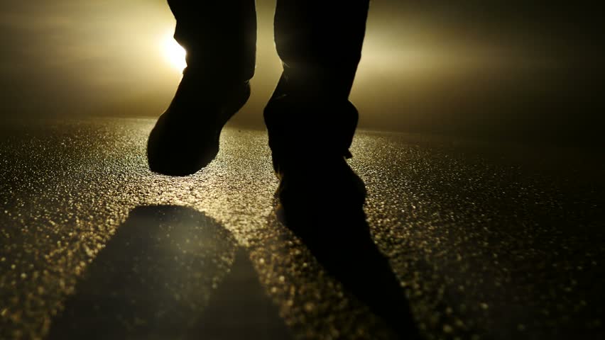 Close Up Of Walking Feet Of Spooky Person At Night. Mystery Darkness ...