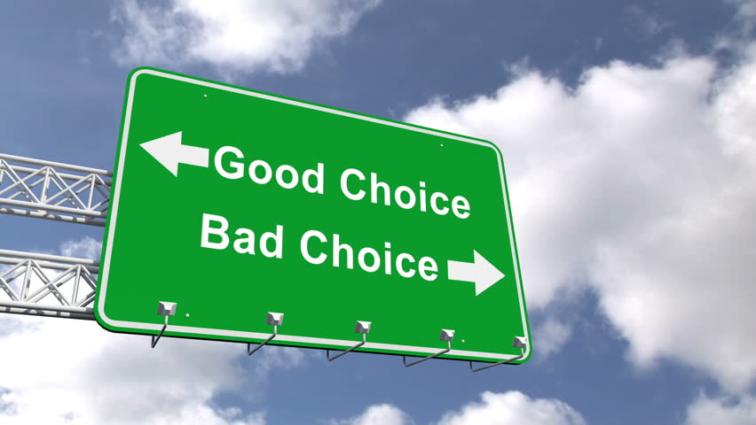 Digital Animation Of Good And Bad Choice Sign Against Blue Sky Stock ...