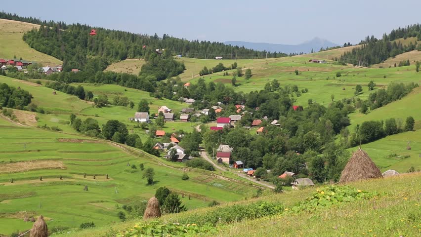 Beautiful Green Hills And Village In Carpathians, Ukraine Stock Footage ...